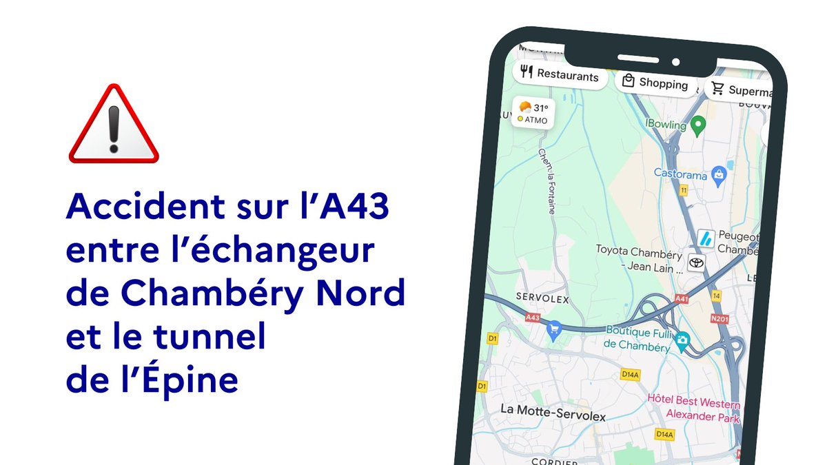 ⚠️ #InfoTrafic | Accident impliquant un poids lourd sur l'A43 entre l'échangeur de Chambéry Nord et le tunnel de l'Épine en direction de Lyon
La circulation est très dense et réduite à une seule voie.
➡️ Évitez le secteur et soyez vigilants. 
➡️ Des déviations sont mises en place