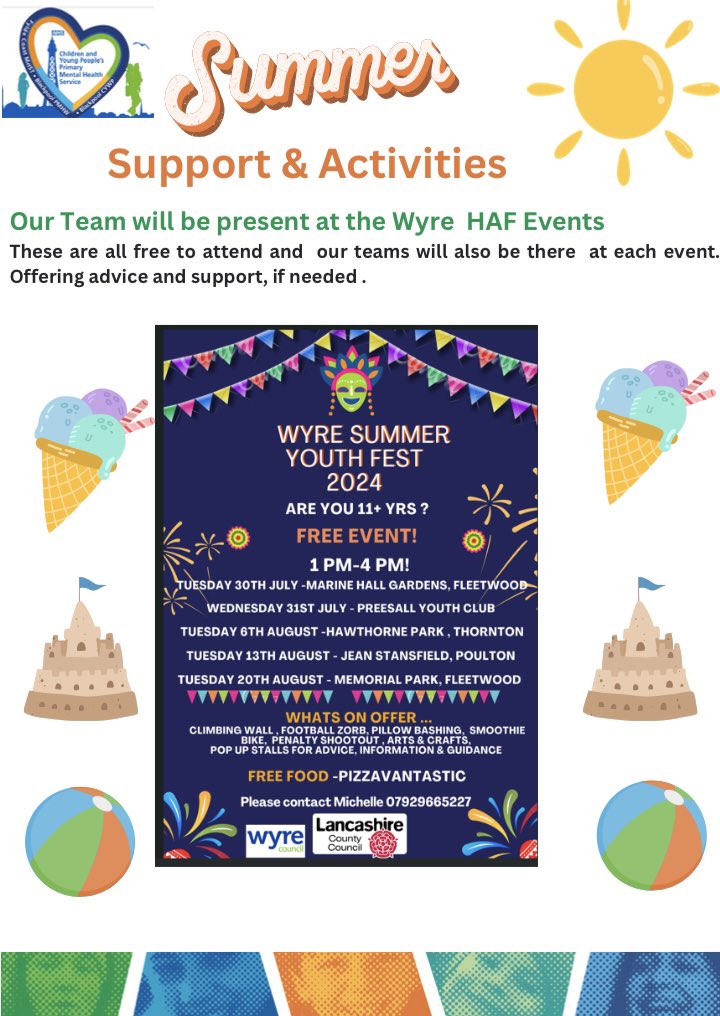 cyp_pmhs's tweet photo. Our Team will be at the @lancashirecc  HAF Events  don’t forget to come and see us #mhst #hafevents #summervibes #fyldecoast #wyre #earlyintervention #mentalhealthawareness @LancashireYPS https://t.co/rO8tipUFRN