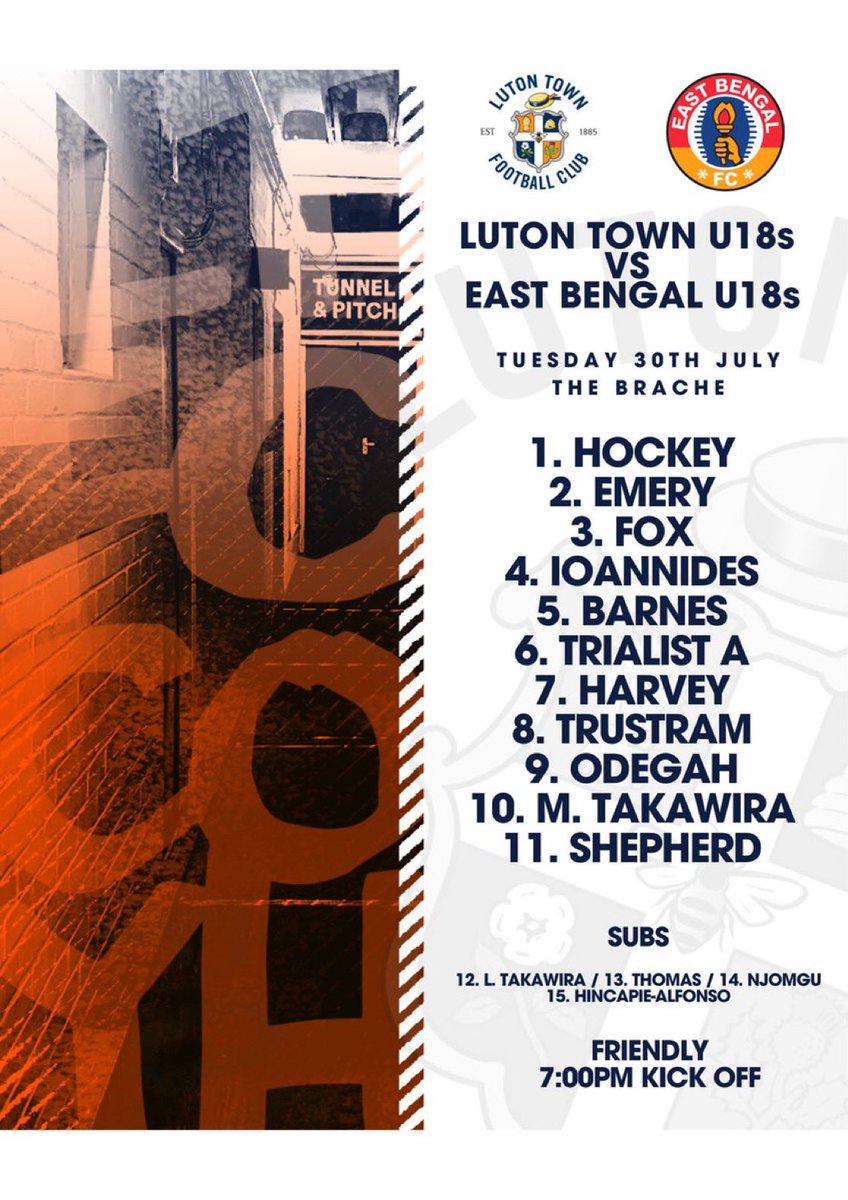 Luton Town FC Academy (@academyltfc) on Twitter photo The U18s are hosting East Bengal this evening in a training ground friendly.
Here is how the U18s line up ๐
<a href="/LutonTown/">Luton Town FC</a> | #COYH The U18s are hosting East Bengal this evening in a training ground friendly.
Here is how the U18s line up ๐
<a href="/LutonTown/">Luton Town FC</a> | #COYH