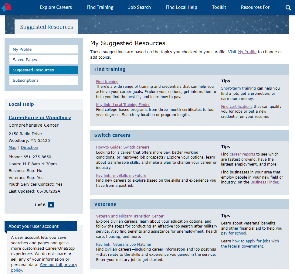 Career1Stop's tweet photo. Did you know you'll get suggested resources in your CareerOneStop User Account? Visit: https://t.co/Nm1bhtOFwU to sign up and get personalized resources today! #SuggestedResources #PersonalizedResources #CareerGoals #CareerResources #COSUserAccount #profile #CareerOneStop https://t.co/9Ur4FOTVnm