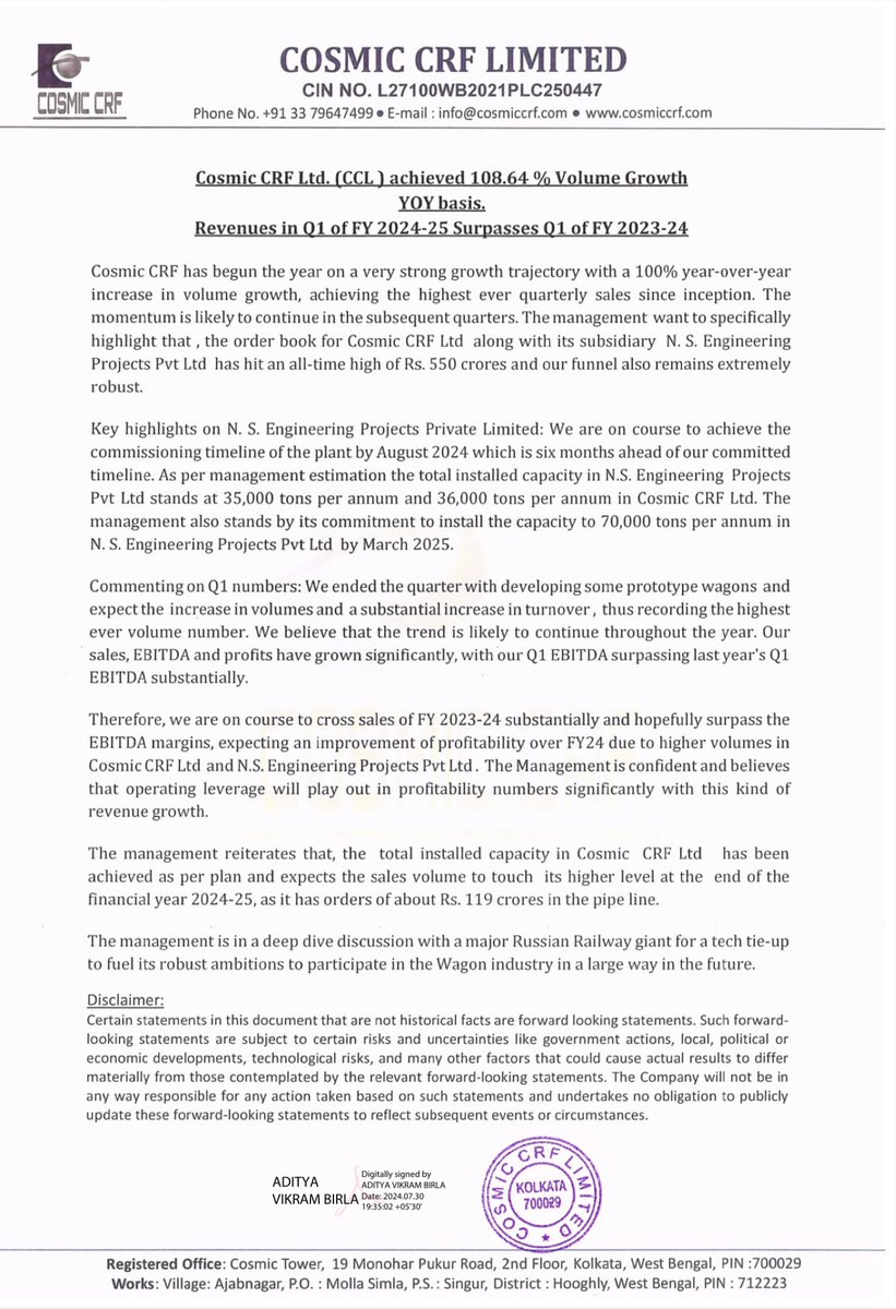 #COSMICCRF

Very strong start of the year by #CosmicCRF. Company has grown 100% YoY in Q1FY25 and management expects much better growth and operating leverage to play out. Total capacity including NS Engg. will be more than 1L ton/annum by Q4.
#StocksInFocus 

No recommendation.