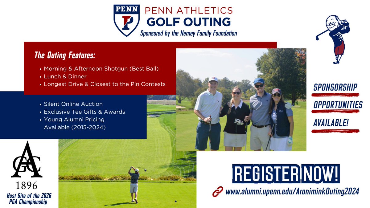 Join us on Monday, October 7th, for our second annual Penn Athletics Golf Outing at the prestigious Aronimink Golf Club. Enjoy a day of golf, camaraderie, and philanthropy in support of Penn Athletics. 
#FightonPenn ♥️💙

Registration is open NOW!
🔗: bit.ly/4c1i9FP