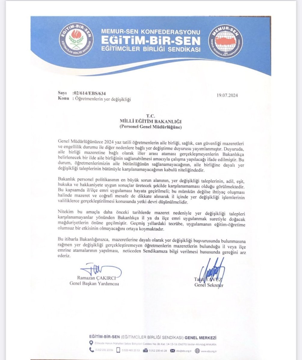 Mazerete dayalı yer değişikliği başvurularında aile birliğinin sağlanabilmesi için il ve ilçe emri uygulaması tekrar işletilmelidir.
#MebdenMazereteİlEmri
<a href="/tcmeb/">Millî Eğitim Bakanlığı</a> <a href="/Yusuf__Tekin/">Yusuf Tekin</a>