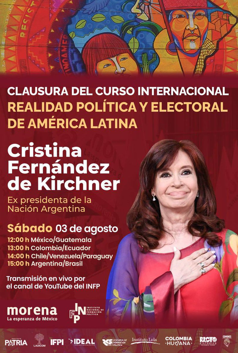 Este próximo sábado 3 de agosto llevaremos a cabo la clausura de nuestro Curso Internacional “Realidad político y electoral de América Latina”. 

Contaremos con la  ponencia magistral de la ex presidenta de la República Argentina, <a href="/CFKArgentina/">Cristina Kirchner</a>.

Sigue la transmisión #EnVivo por