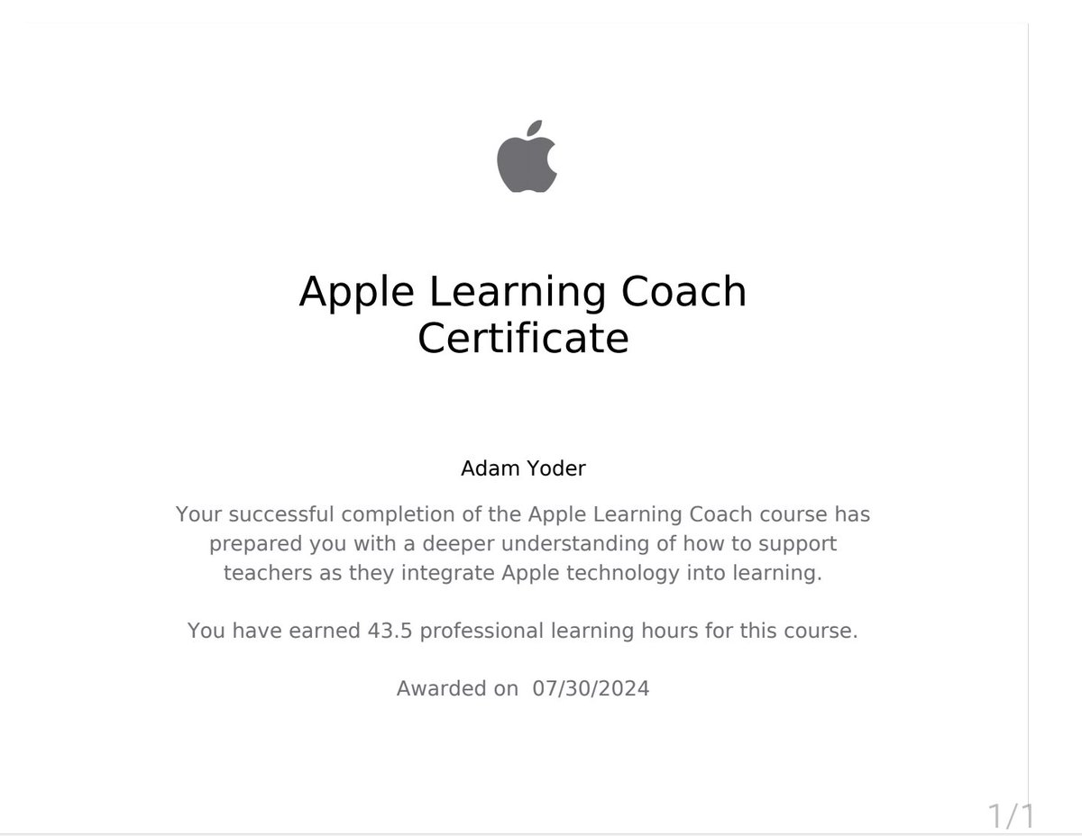 AdamYoder_23's tweet image. I enjoyed reflecting &amp;amp; developing my digital coaching skills as part of the #AppleLearningCoach course with @AppleEDU. After successfully completing  my Coaching  Portfolio, I am pleased to share I am now an Apple Learning Coach. The journey starts here …#concordpride