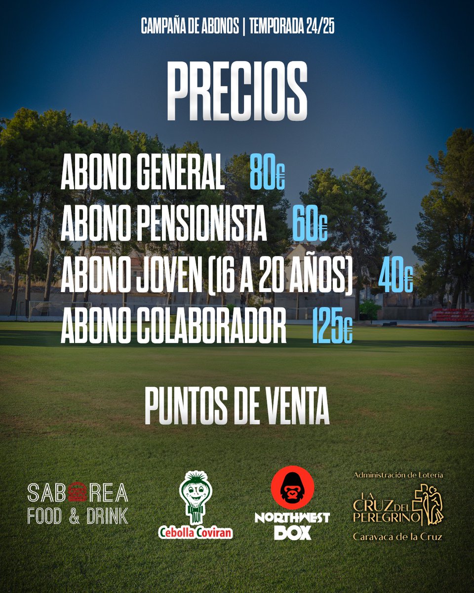 🔵ABONOS 24/25⚪️

🤩 Ya disponible la Campaña de Abonados para esta temporada 24/25

💪🏻 Puedes adquirir tu abono de la UD Caravaca en los puntos de venta indicados en la imagen

Saborea Food &amp; Drink
Supermercado Cebolla Covirán
Northwest Box
Administración La Cruz del Peregrino