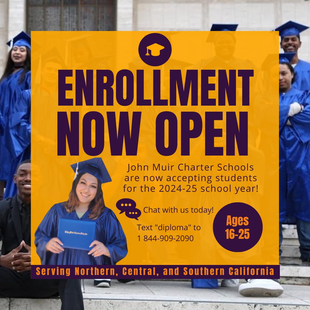 Enroll now and secure your spot for the upcoming school year! Don't miss out on the opportunity to join our vibrant and inclusive community of learners. Get ahead and enroll today! #BackToSchool #EnrollNow #JohnMuirCharterSchools #HighSchoolDiplomaProgram #Ages16to25