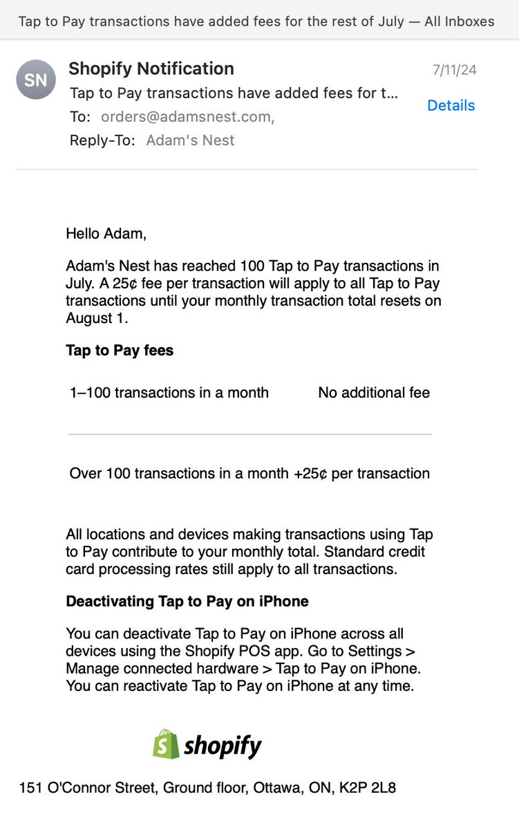 AdamLSinger's tweet photo. Shareholder capitalism at its finest.  Hey @Shopify  customers are always stunned to learn that tapping to pay costs small businesses like mine an additional $0.25 on top of the standard credit card processing rate. https://t.co/DccLld7bew