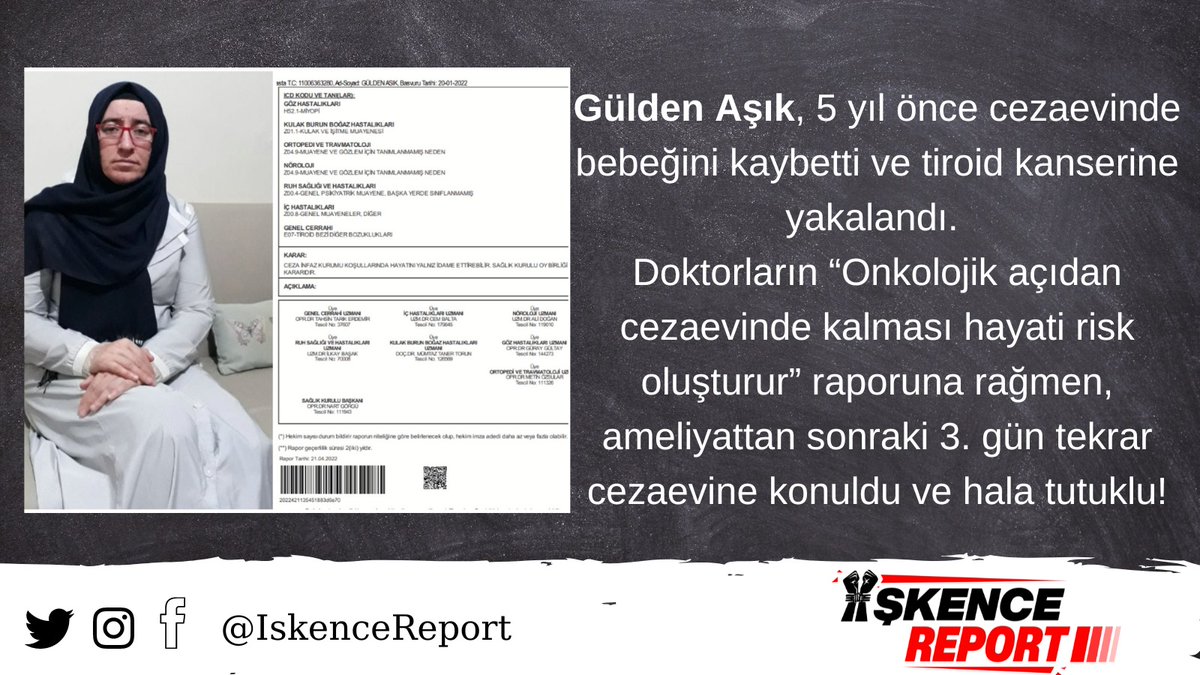 Gülden Aşık tiroid kanseri tutuklu bir anne. Doktorlar cezaevinde kalmasının hayatı risk oluşturduğunu belirtmesine rağmen hala tahliye edilmiyor. Cezaevindeyken ameliyat oluyor ve sonra tekrar cezaevine götürülüyor. İnsan Hakları nerde!

İşkence BMGündeminde