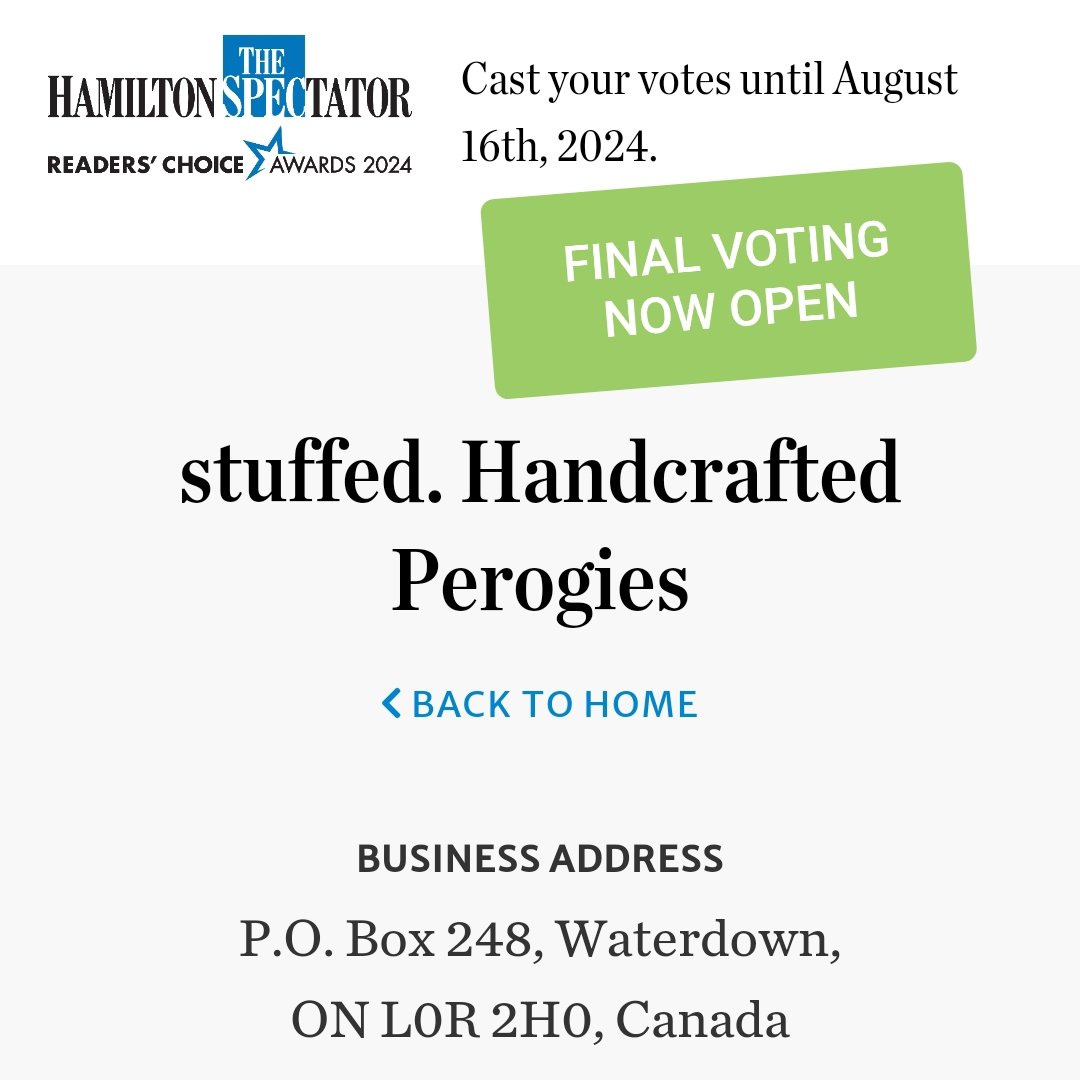 TeamPerogy's tweet image. Final Voting for the 2024 Hamilton Spectator Reader's Choice Awards

This year stuffed. has been Nominated as one of the Top 10 Foodservice Operators in 20 categories, plus Michael Schmidt as Best Local Chef.

Please click here to Vote now:
readerschoice.thespec.com/readerschoice/…