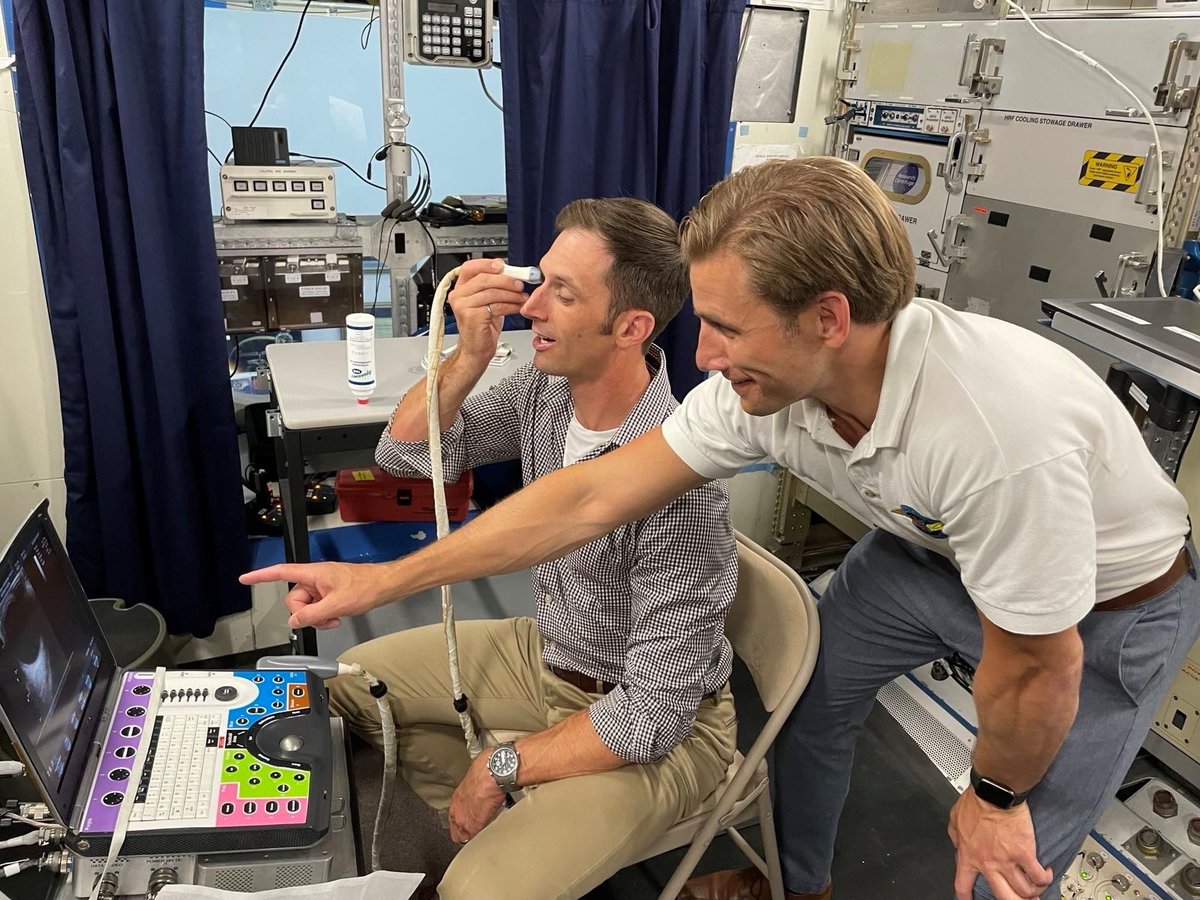 Joshua Kutryk (@astro_kutryk) on Twitter photo Working with <a href="/csa_asc/">Canadian Space Agency</a> Flight Surgeon Mike Greene while practising performing ultrasounds on myself in space. Long-duration space missions can be problematic for both vision and venous blood flow. We rely on ultrasounds to detect potential problems early. Working with <a href="/csa_asc/">Canadian Space Agency</a> Flight Surgeon Mike Greene while practising performing ultrasounds on myself in space. Long-duration space missions can be problematic for both vision and venous blood flow. We rely on ultrasounds to detect potential problems early.
