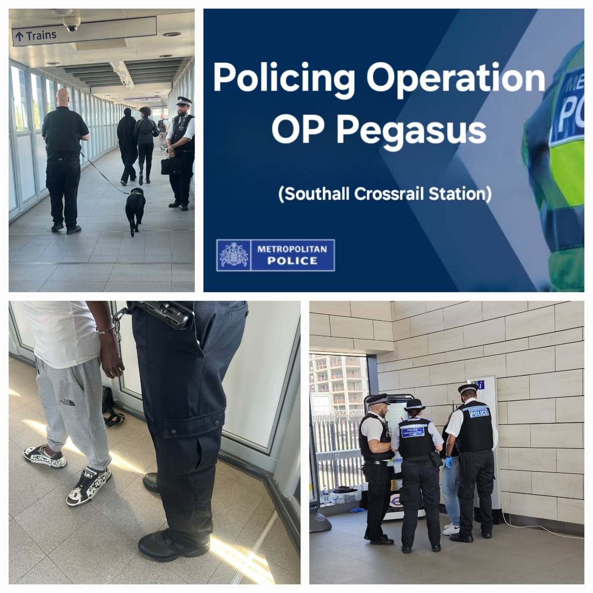 Operation Pegasus at Southall Crossrail station targeting weapons and drugs at transport hubs. 

▶️ 1 x Arrest Pos Class A
▶️ 1 X Fine for pos cannabis 
▶️ 1 x Postal Charge for pos Cannabis
▶️ 1 x Postal charge for obstruct drug search 
▶️ 6 x Community Resolution pos cannabis