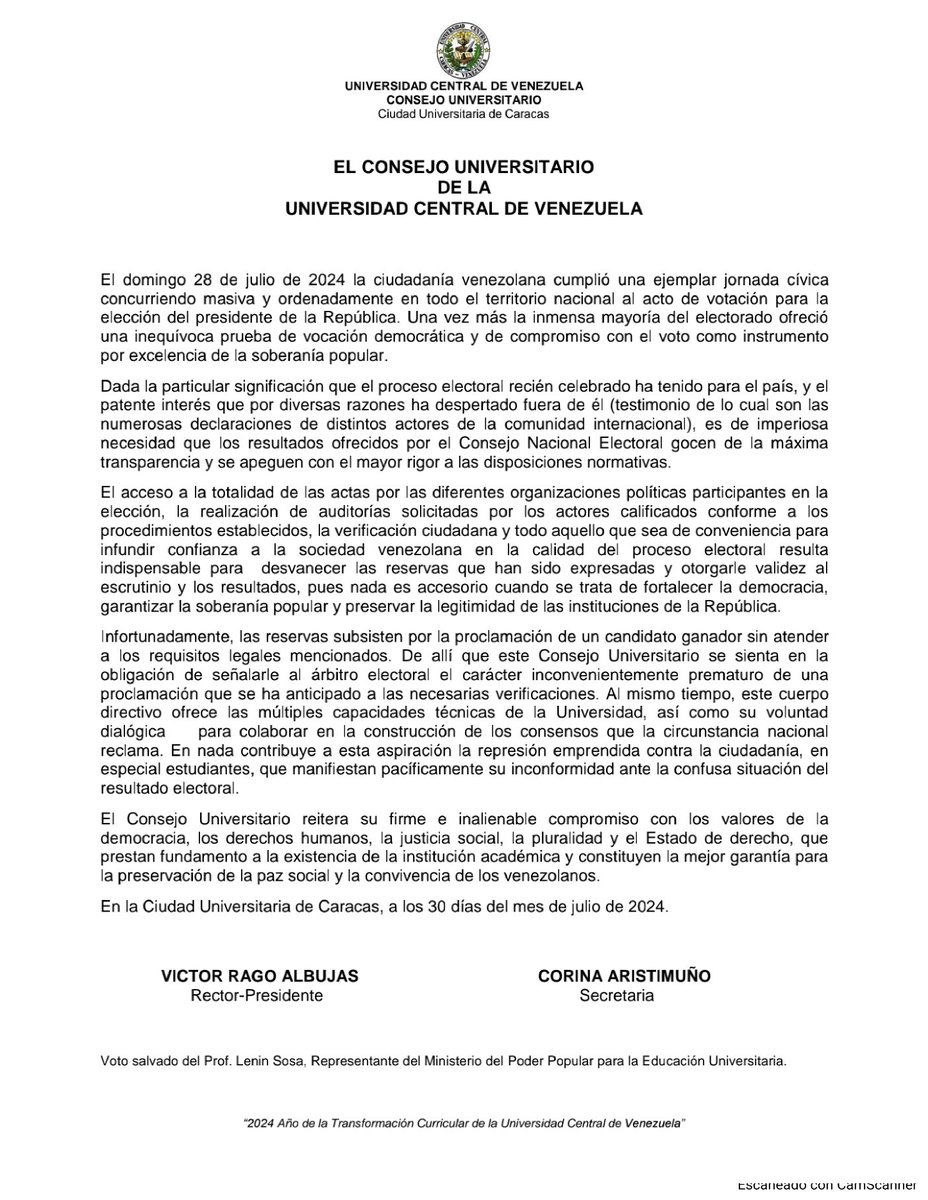 #30julio2024 || Comunicado del Consejo Universitario de la Universidad Central de Venezuela tras la elección presidencial del domingo 28 de julio de 2024, aprobado en sesión extraordinaria del 30-07-2024.

#Venezuela #Elecciones #Universidades #UCV