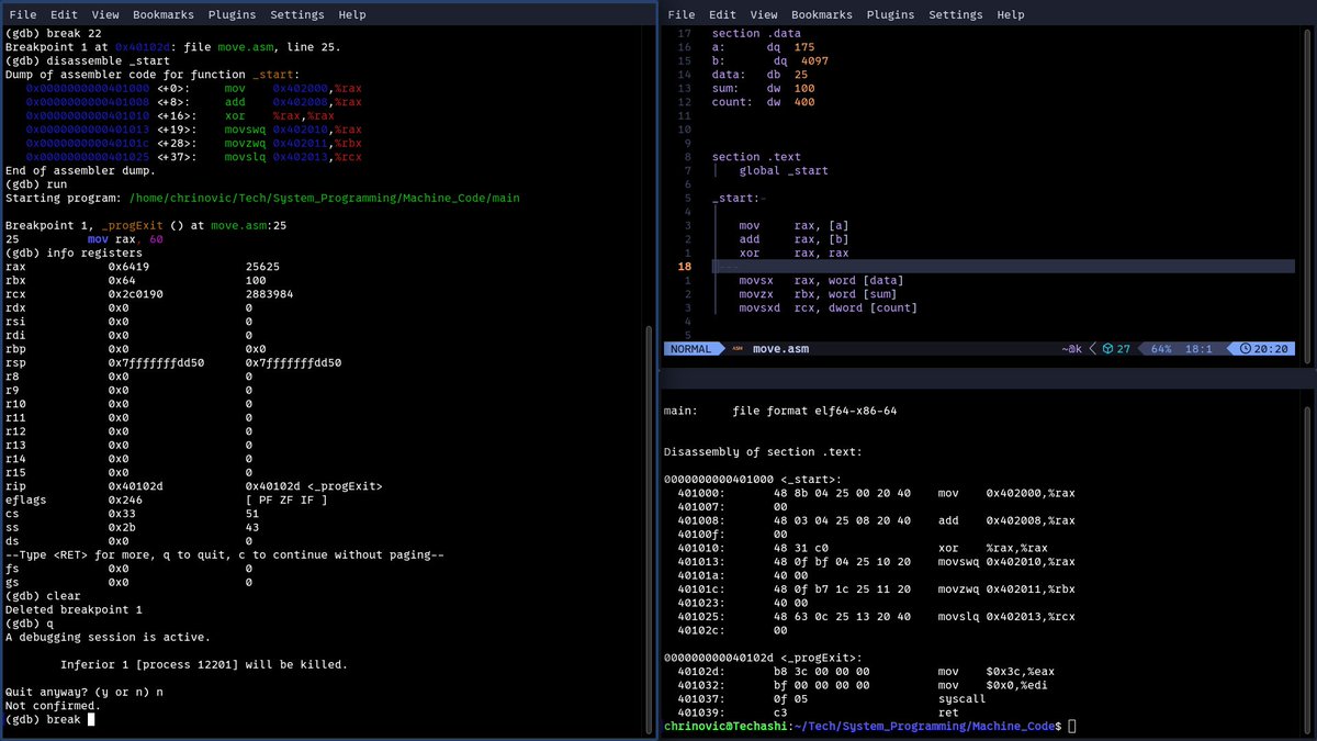 mu_chrinovic's tweet image. Day 0b10011 of #LowLevelProgramming
Finished Chapter 5 of the book and the exercises
>Read more on Registers and and register operations
>Learnt the sign extension "mov" instruction of various byte sizes
>Finally getting the hang of memory examination commands of GDB
