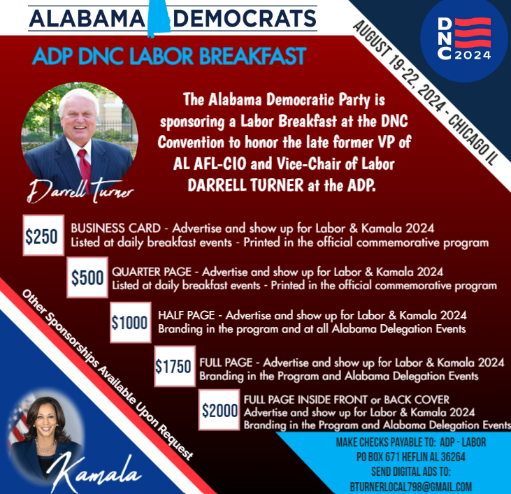 Dad dedicated his life to the Labor Movement. The Alabama Democratic Party will honor him and all his hard work at the DNC Convention in Chicago. If you want to Sponsor or Donate, please see the details below. 👇👇👇