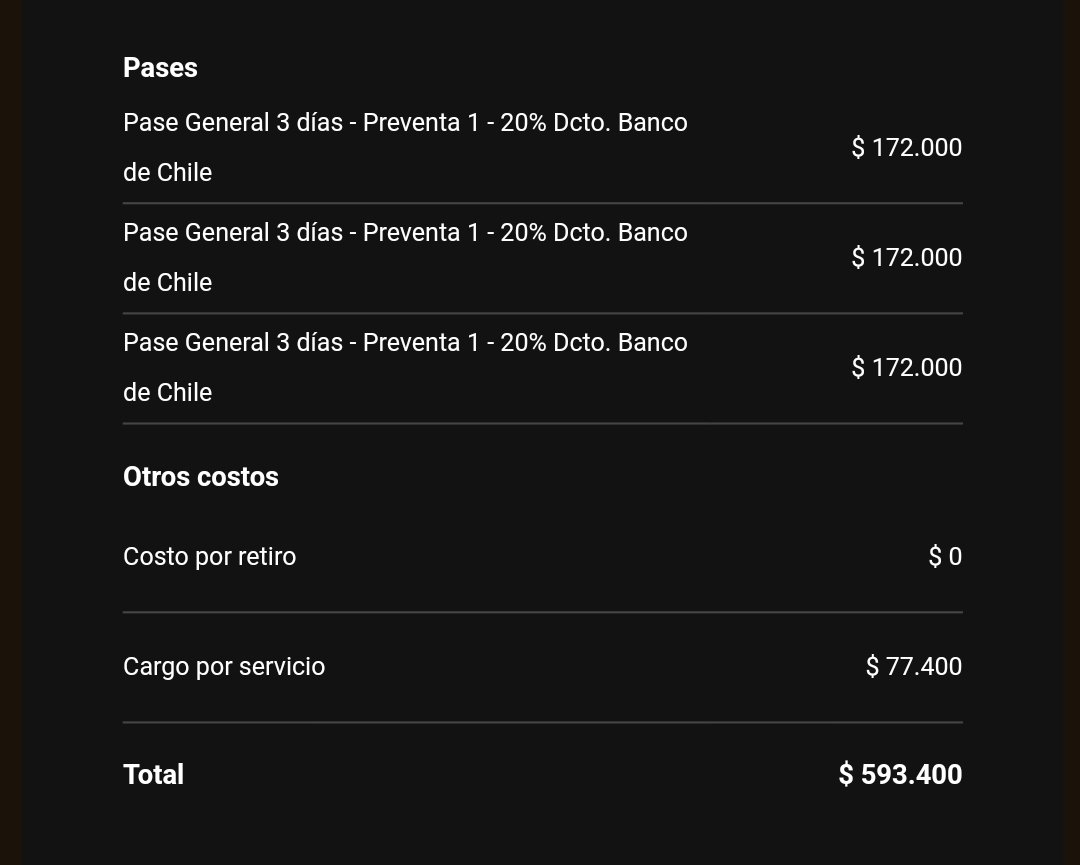 sebax333's tweet photo. @Conidoli @lollapaloozacl @bancodechile @AyudaBancoChile Yo entre con el numero 2 de preventa de banco de chile y me genero el descuento
Quizas ya se había agotado?? https://t.co/dj8XNIGHP2