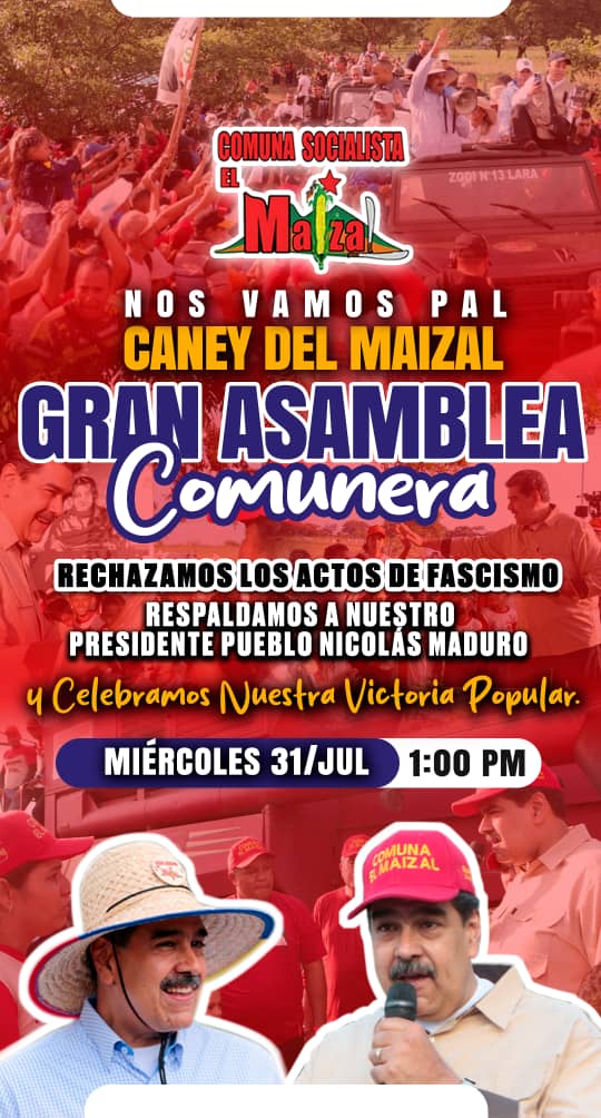 Comuna El Maizal (@comunaelmaizal) on Twitter photo Somos gente de paz, pero siempre dispuestos a defender la patria. Convocamos a la Gran Asamblea Comunera en el Caney de El Maizal en rechazo a todo acto vandálico y atentados contra el pueblo. Fuimos a elecciones y se debe respetar la decisión del pueblo soberano. <a href="/NicolasMaduro/">Nicolás Maduro</a> Somos gente de paz, pero siempre dispuestos a defender la patria. Convocamos a la Gran Asamblea Comunera en el Caney de El Maizal en rechazo a todo acto vandálico y atentados contra el pueblo. Fuimos a elecciones y se debe respetar la decisión del pueblo soberano. <a href="/NicolasMaduro/">Nicolás Maduro</a>