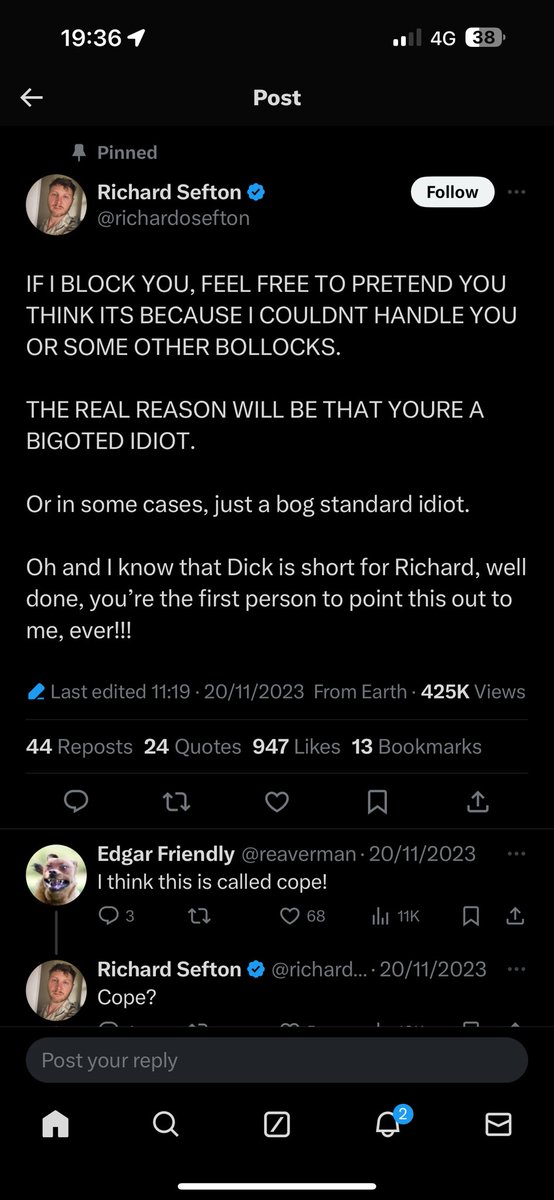 Gilbbb92's tweet photo. @richardosefton @Centrefuter I notice you struggle with your “you’re &amp; your” a lot in most of your replies and pinned tweets. You should start taking lessons yourself, Dick (Richard). https://t.co/n3NVizA78I
