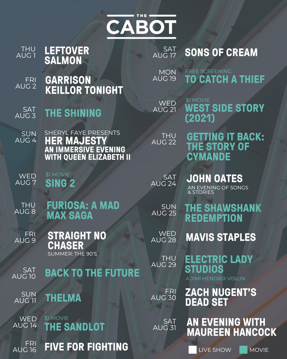 The summer fun continues at The Cabot this month🌞 Tickets &amp; info at thecabot.org