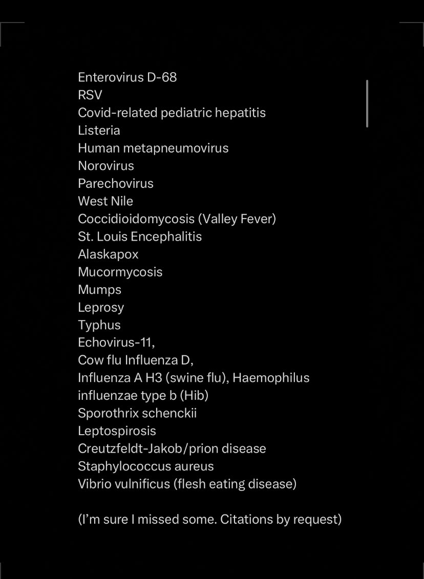 Here’s the FULL list of pathogens/outbreaks reported in the US since 2022, since I know a lot of people won’t click on the above thread. It’s STUNNING, and very much NOT NORMAL.