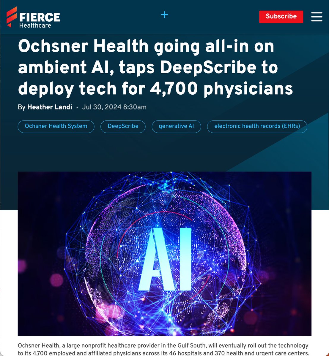 Joshua Liu (@joshuapliu) on Twitter photo My 6 takeaways from the big AI Medical Scribe news that <a href="/OchsnerHealth/">Ochsner Health</a> deploying <a href="/DeepScribeAI/">DeepScribe</a> across the 46-hospital system:
𝟭. 𝗢𝗰𝗵𝘀𝗻𝗲𝗿 𝗽𝗶𝗹𝗼𝘁𝗲𝗱 𝗗𝗲𝗲𝗽𝗦𝗰𝗿𝗶𝗯𝗲 𝗵𝗲𝗮𝗱 𝘁𝗼 𝗵𝗲𝗮𝗱 𝘄𝗶𝘁𝗵 𝗮𝗻𝗼𝘁𝗵𝗲𝗿 𝗔𝗜 𝗦𝗰𝗿𝗶𝗯𝗲 𝗮𝗻𝗱 𝗗𝗲𝗲𝗽𝗦𝗰𝗿𝗶𝗯𝗲 My 6 takeaways from the big AI Medical Scribe news that <a href="/OchsnerHealth/">Ochsner Health</a> deploying <a href="/DeepScribeAI/">DeepScribe</a> across the 46-hospital system:
𝟭. 𝗢𝗰𝗵𝘀𝗻𝗲𝗿 𝗽𝗶𝗹𝗼𝘁𝗲𝗱 𝗗𝗲𝗲𝗽𝗦𝗰𝗿𝗶𝗯𝗲 𝗵𝗲𝗮𝗱 𝘁𝗼 𝗵𝗲𝗮𝗱 𝘄𝗶𝘁𝗵 𝗮𝗻𝗼𝘁𝗵𝗲𝗿 𝗔𝗜 𝗦𝗰𝗿𝗶𝗯𝗲 𝗮𝗻𝗱 𝗗𝗲𝗲𝗽𝗦𝗰𝗿𝗶𝗯𝗲