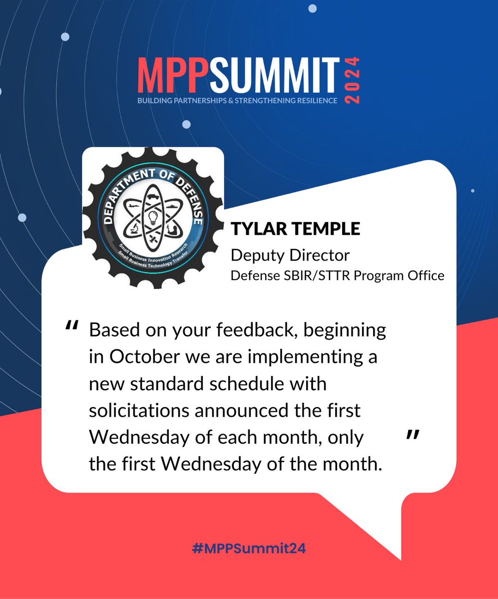 BusinessDefense's tweet image. Making News at #MPPSummit24: Beginning FY25, @dodsbir is beginning a new, standard #solicitation announcement schedule on the first Wed of the month. Scroll to bottom of this pg for the info: defensesbirsttr.mil/SBIR-STTR/Oppo…
#sbirsttr #smallbiz
