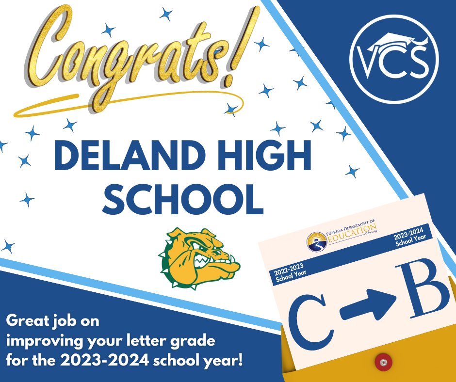 Deland High School Bulldogs have moved up a letter grade! Our students, teachers, and staff have put in some serious work. Go Bulldogs! #VCSSuccess <a href="/delandbulldogs/">DeLand High Bulldogs</a>