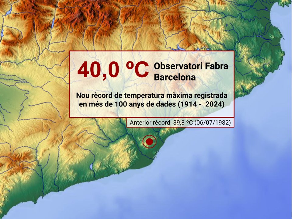 Dia HISTÒRIC. La mesura manual acaba de confirmar que avui s'han registrat 40,0 °C a l'Observatori Fabra. És la temperatura més alta registrada a l'observatori en els seus 110 anys de dades. Sense paraules.