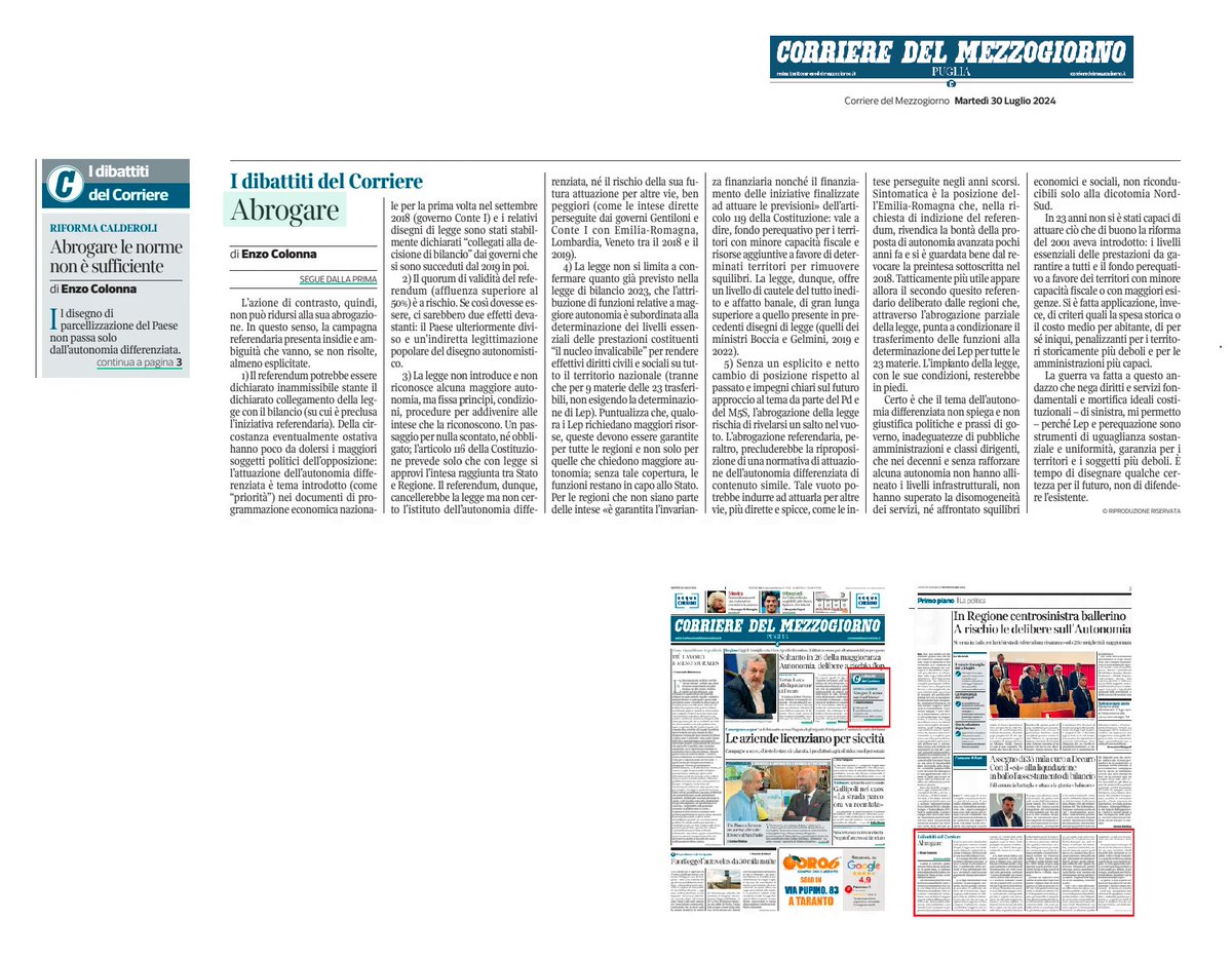 Il disegno di parcellizzazione del Paese non passa solo dalla legge <a href="/_calderoli/">Roberto Calderoli</a> sull'attuazione della #autonomiadifferenziata. L’azione di contrasto non può ridursi alla sua abrogazione. Rischi, insidie e ambiguità della campagna referendaria. Oggi, nel <a href="/corrmezzogiorno/">CorriereMezzogiorno</a> #Puglia