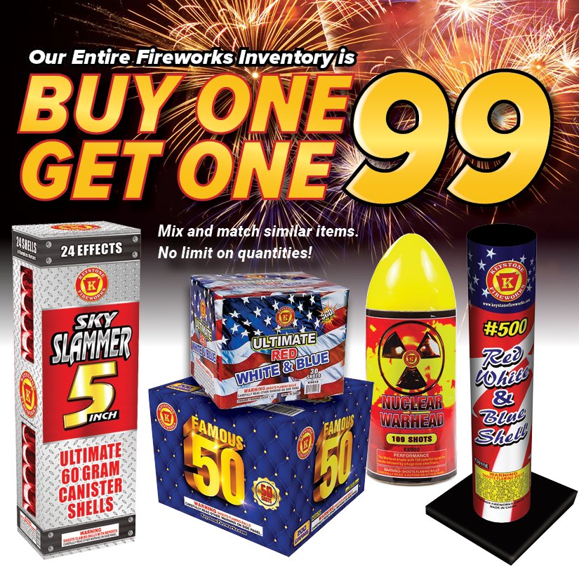 KeystoneFirewks's tweet image. Keep the party going all summer with our Buy One Get One for 99 cents deal!

keystonefireworks.com/all-fireworks-…