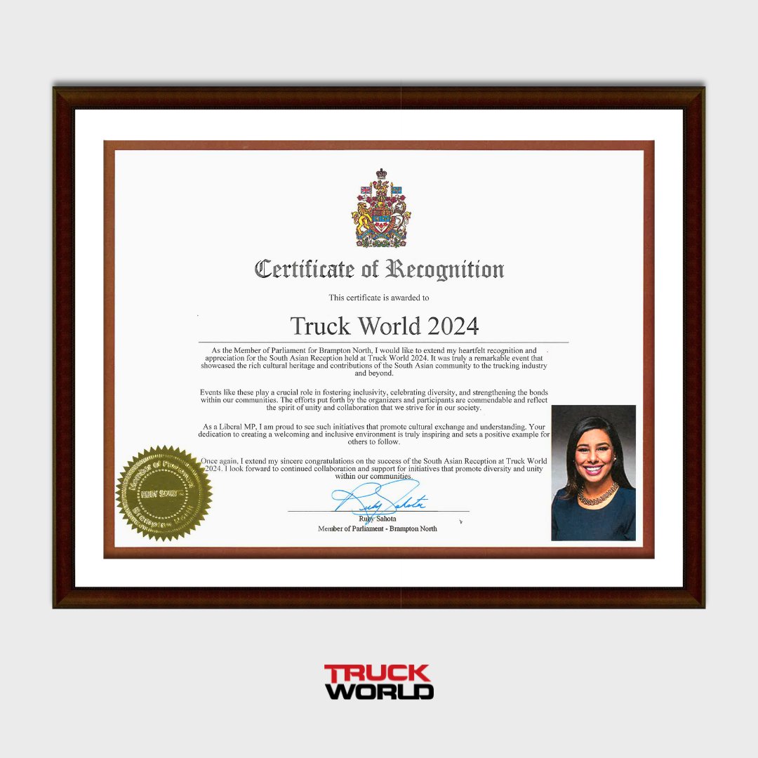 Honored to receive a Certificate of Recognition from @RubySahotaLib for the South Asian Reception at Truck World 2024! Celebrating the cultural heritage and contributions of the South Asian community in the trucking industry. Thank you to everyone involved! #TruckWorldShow