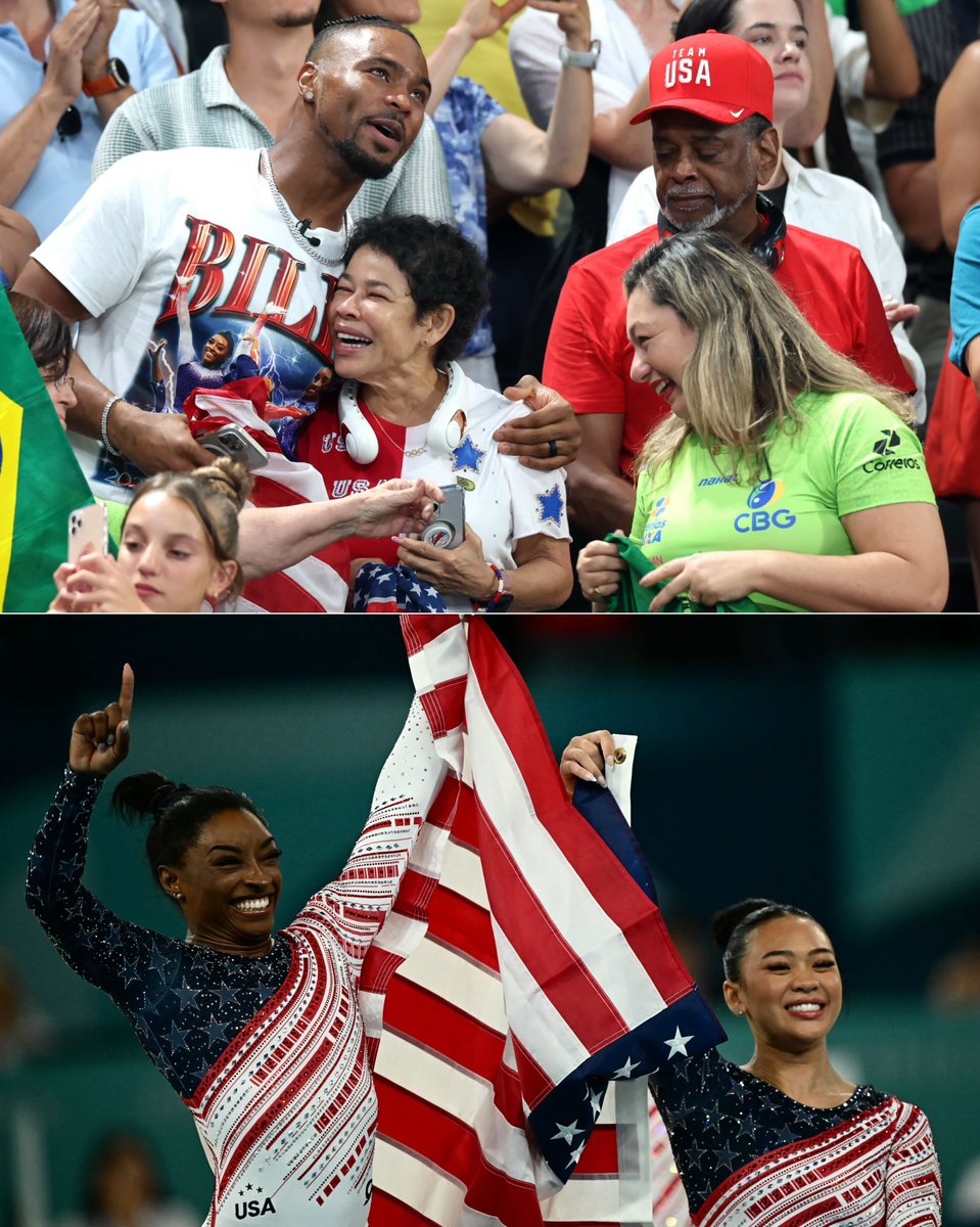 BleacherReport's tweet photo. Simone Biles' husband, NFL player Jonathan Owens, and her parents celebrating USA gym win gold ❤️ https://t.co/PocellRPhL