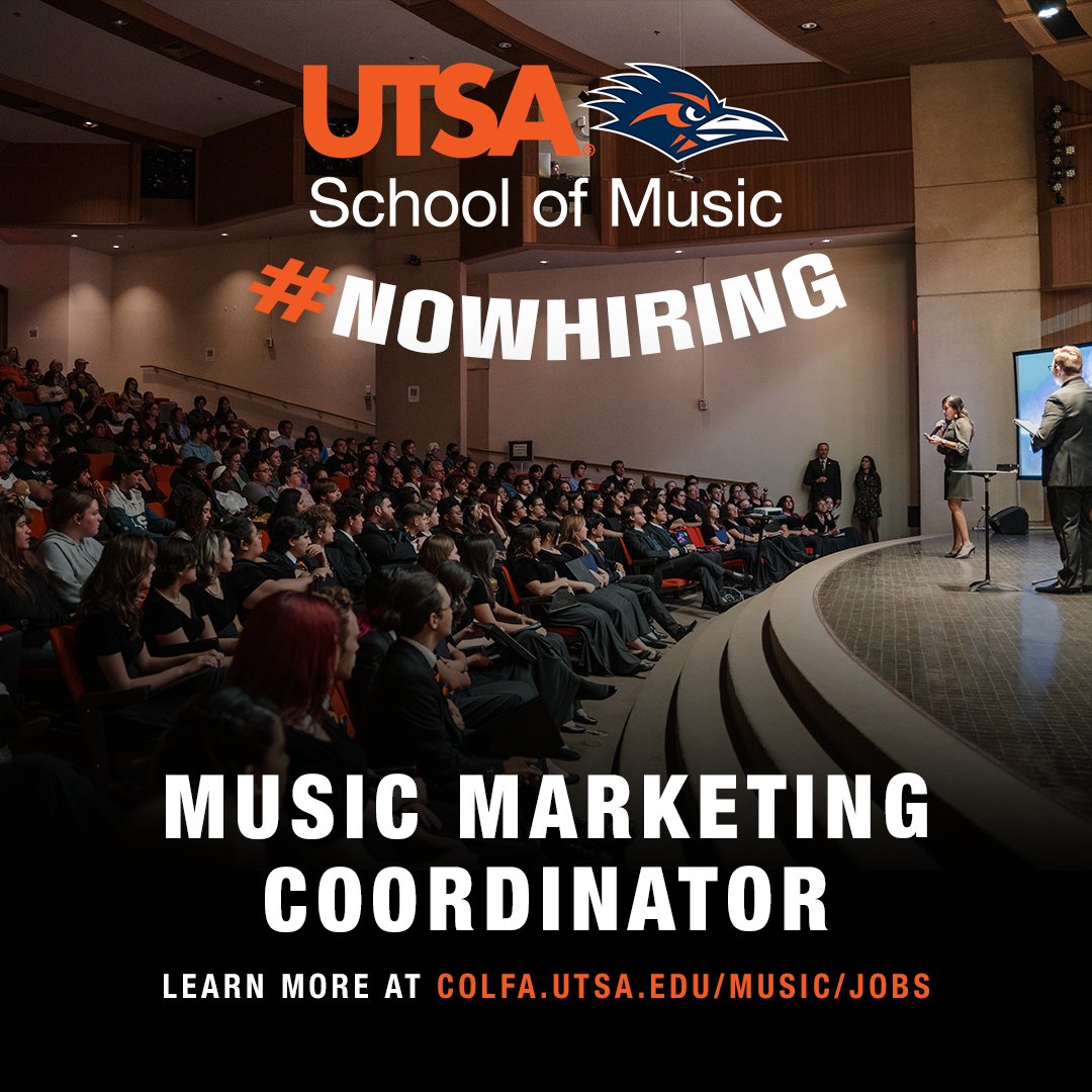 We're #NowHiring! The UTSA School of Music has an opening for a full-time staff position as our Music Marketing Coordinator 🤙🎵

We're seeking a creative, dynamic individual who is passionate about music and developing marketing strategies! Apply at bit.ly/3Wfbn