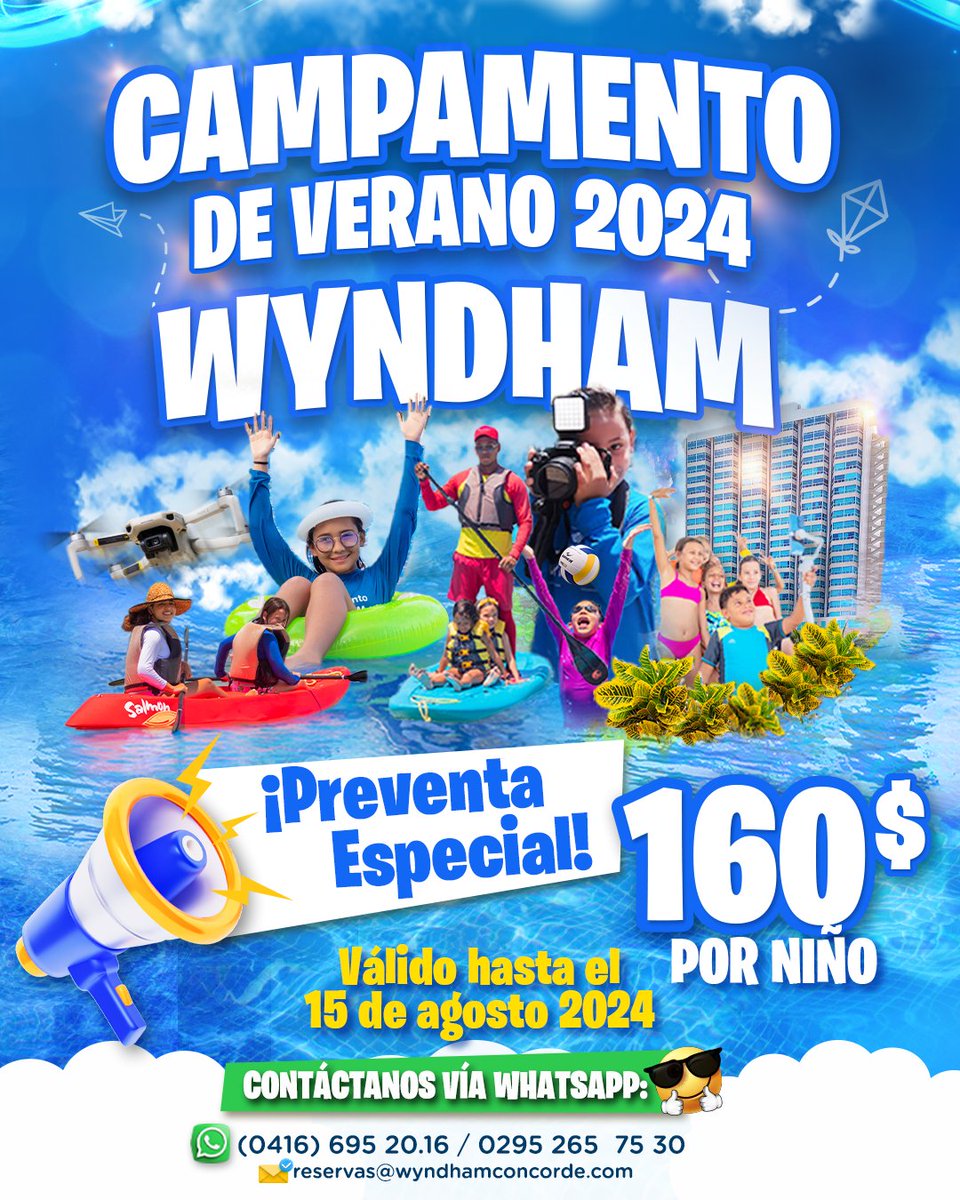 ¡PREVENTA!📣
Se ACERCA nuestro CAMPAMENTO WYNDHAM 2024, ¡la experiencia que tus hijos no podrán olvidar!😎
Una semana llena de emociones y diversión donde los más pequeños de la casa disfrutarán🤗
No te pierdas el CAMPAMENTO de VERANO 2024 ¡las mejores vacaciones para tus hijos!