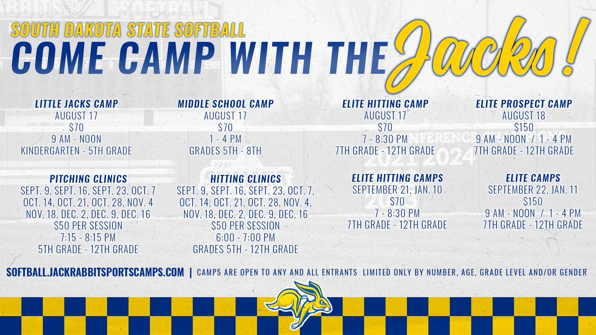 A full camp slate all the way through the rest of 2024 is available for sign up!

Visit Softball.JackrabbitSportsCamps.com for details and registration.