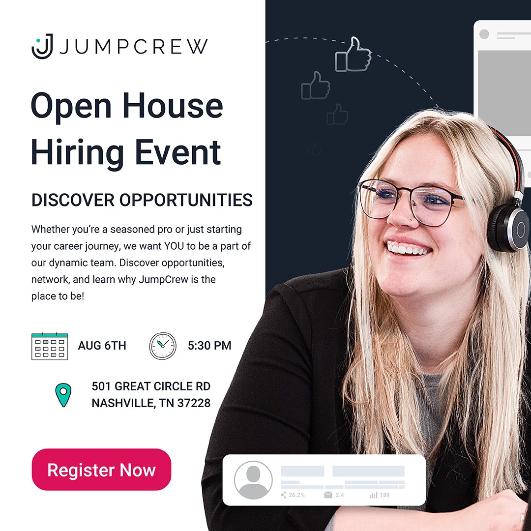 We are just ONE WEEK away from JumpCrew's Open House Hiring Event! This is your chance to explore possibilities, connect with our dynamic team, and discover why JumpCrew is where careers thrive.

Register now and envision your future with JumpCrew: hubs.ly/Q02Jsl2C0