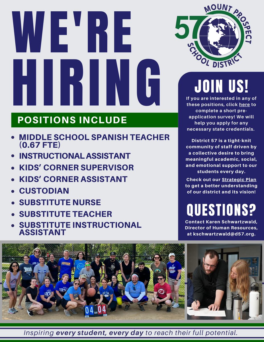 📢 Join the District 57 Team! 📢 We are busy gearing up for the new school year! 🌟 Check out our open positions: buff.ly/49a4IlY Ready to apply? Complete our pre-application survey: buff.ly/3ygoak7 🌟✨