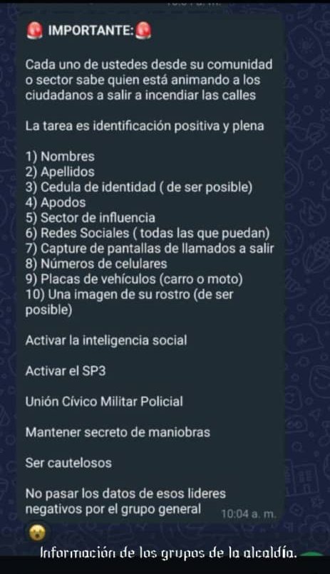 No he llamado a actividades de calle.
El pueblo tomó una decisión y se les respeta.

Acá está la información que enviaron a los grupos de la alcaldía, persecución, represión, ataque de los colectivos y pretenden culparme de lo ellos ORDENAN HACER?