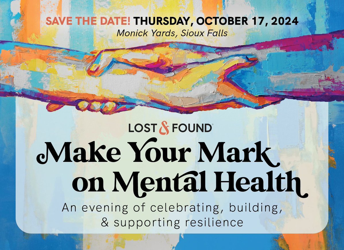resilienttoday's tweet image. SAVE THE DATE for Lost&amp;amp;Found's 4th-Annual Make Your Mark on Mental Health event! Plan to join us Thursday, October 17, at Monick Yards in Sioux Falls. More information to come!