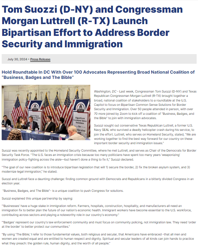 We are very encouraged by <a href="/Tom_Suozzi/">Tom Suozzi</a> and <a href="/RepLuttrell/">Congressman Morgan Luttrell</a>'s efforts to build a coalition of legislators to work on immigration reforms.

“We won’t get to solutions if leaders don’t start having conversations across the partisan divide.” Read our statement: