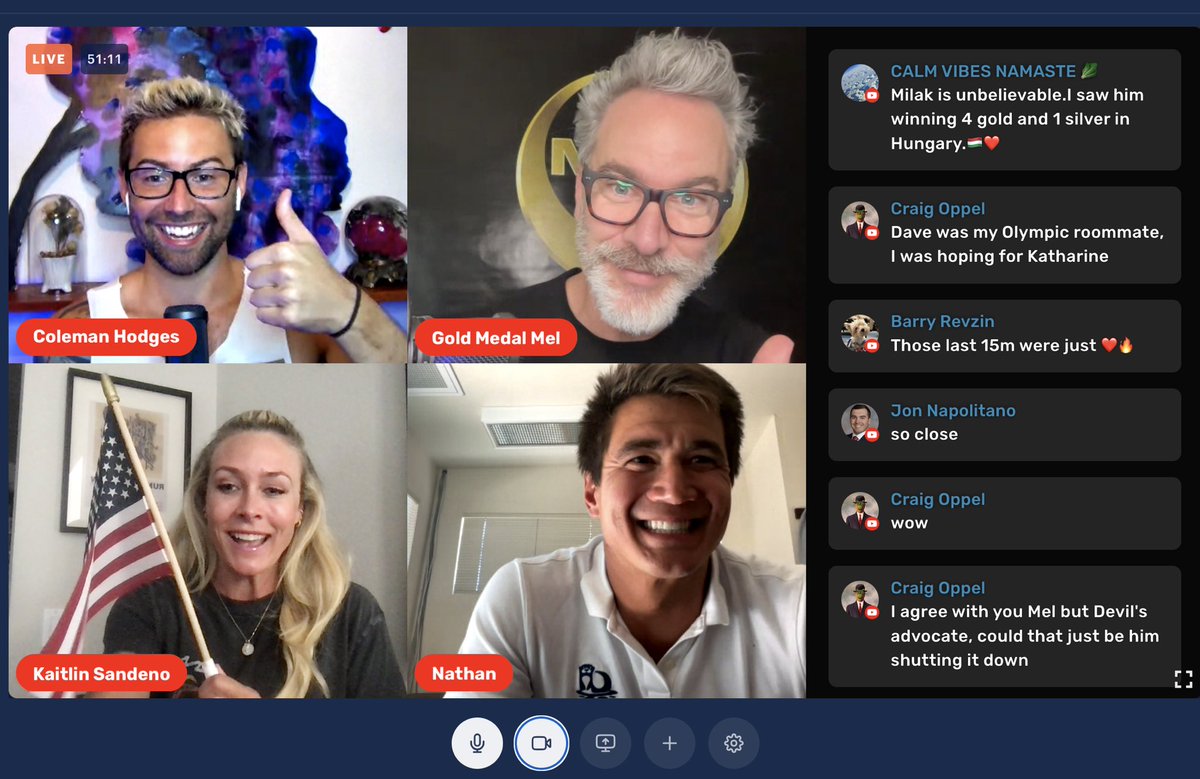 Having so much fun watching finals with <a href="/swimswamnews/">SwimSwam</a>, <a href="/Nathangadrian/">Nathan Adrian</a>, <a href="/goldmedalmel/">Mel Stewart</a>, and <a href="/colemanitee/">Coleman Hodges</a>!! 🇺🇸 join us!