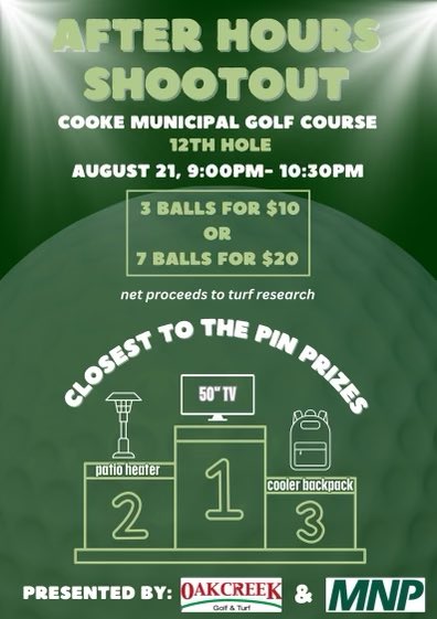 Don’t forget about the Closest to the pin &amp; Skins Game August 21st also in addition to the CP &amp; Skins Game is the After Hours Shootout on the 12th hole. 3 balls for $10 or 7 balls for $20. Take your best shot. It’s going to be a good night. Sponsored by <a href="/brandonoakcreek/">Brandon McCormick</a> <a href="/MNP_LLP/">MNP</a>
