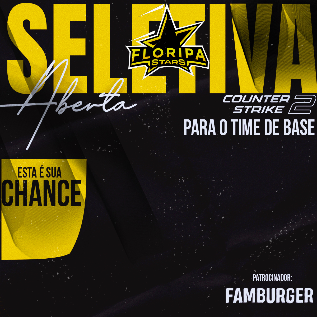 📢Seletiva Aberta para o Time de Base da Floripa Stars (conhecida como Black)! 🌟

🎮 Requisitos:
- Nível 19/20 GC
- Capacidade de trabalho em equipe
- Boa comunicação

🎁 Benefícios:
- Ganho de GC Premium
- Acesso ao TeamSpeak (TS)
- Servidor de treino exclusivo
- Equipe já com