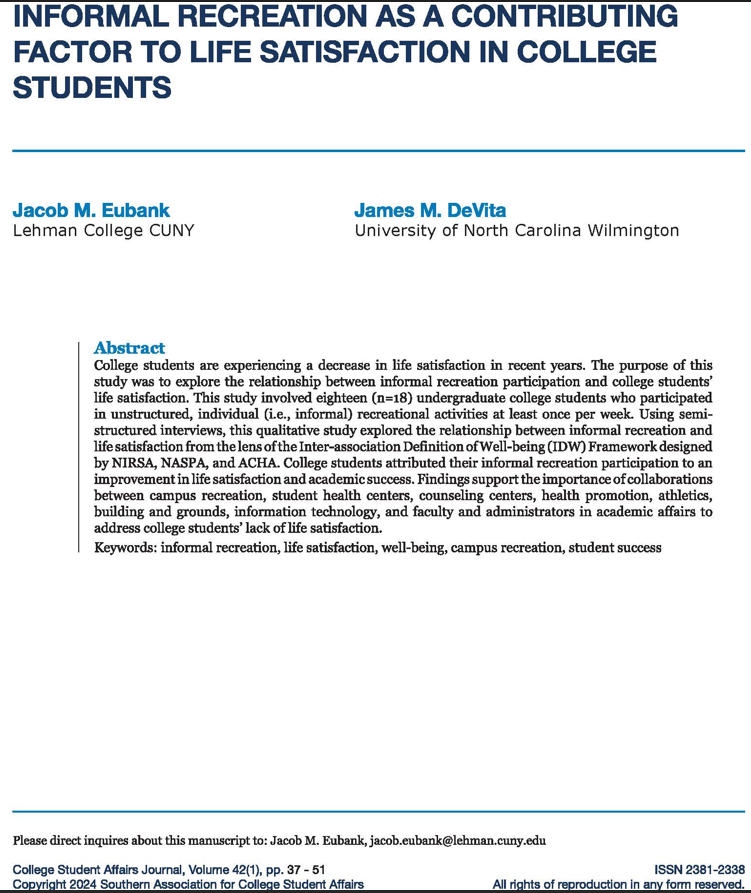Jacob M. Eubank, Ed.D. (@drjacobmeubank) on Twitter photo Our latest article through <a href="/SACSAtweets/">SACSA</a> where we show the impact of informal recreation on college student life satisfaction through the lens of the Inter-association Definition of Well-being, developed by <a href="/NIRSAlive/">NIRSA</a>, <a href="/NASPAtweets/">NASPA</a>, and <a href="/ACHA_Tweets/">American College Health Association</a>
<a href="/CUNY/">The City University of New York</a> <a href="/CUNYLehman/">CUNY Lehman</a> Our latest article through <a href="/SACSAtweets/">SACSA</a> where we show the impact of informal recreation on college student life satisfaction through the lens of the Inter-association Definition of Well-being, developed by <a href="/NIRSAlive/">NIRSA</a>, <a href="/NASPAtweets/">NASPA</a>, and <a href="/ACHA_Tweets/">American College Health Association</a>
<a href="/CUNY/">The City University of New York</a> <a href="/CUNYLehman/">CUNY Lehman</a>