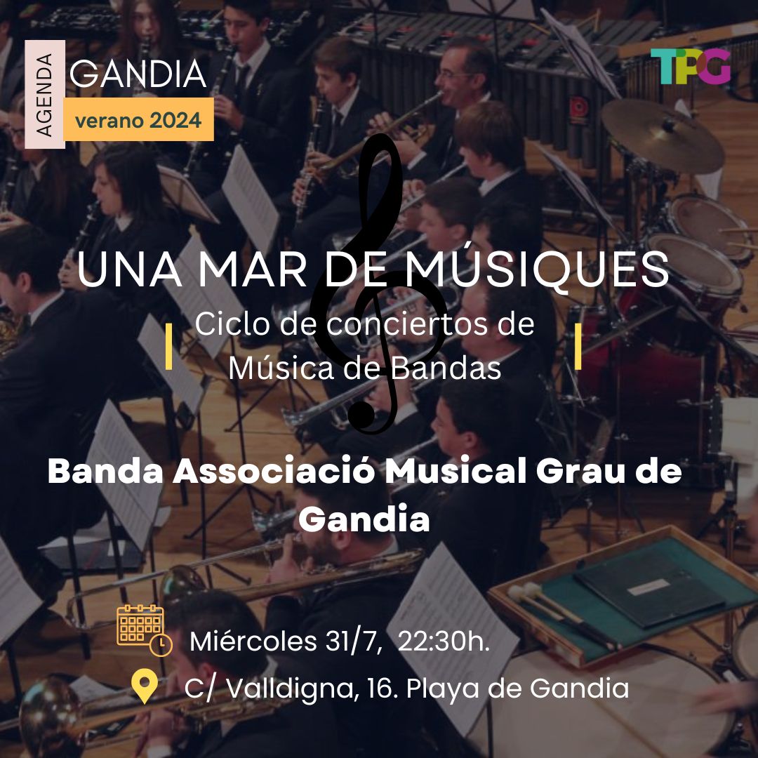 turisteando_'s tweet photo. UNA MAR DE MÚSIQUES. Concierto de la Banda Associació Musical Grau de Gandia. Miércoles 31/7, 22:30h. C/ Valldigna, 16. Playa de Gandia. https://t.co/e3SSji7vGv https://t.co/Ty9nfNklhb