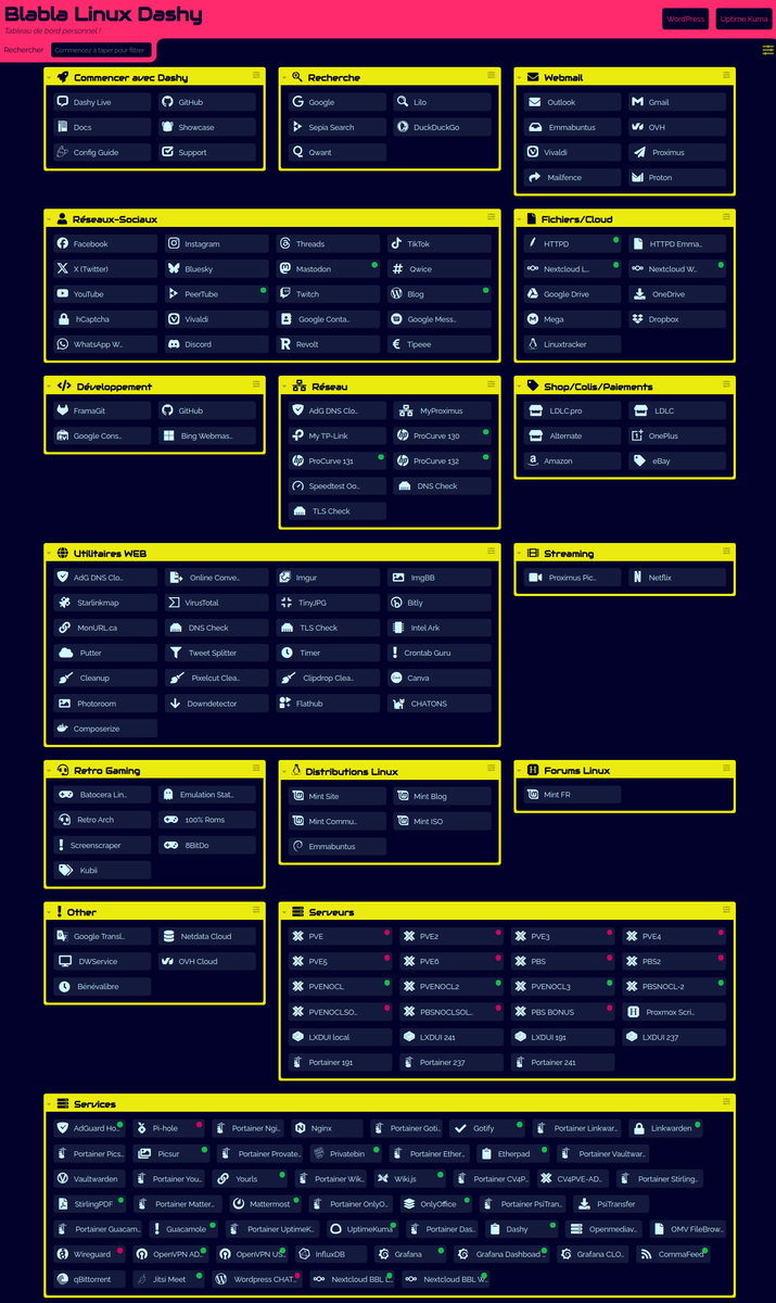 BlablaLinux's tweet photo. Le nouveau tableau de bord (#dashboard) est #Dashy 🤙
Site officiel : https://t.co/d3mBsrk85c
GitHub : https://t.co/DRDbcaueI5
Excellent, il y a tellement à dire 💯
Première utilisation il y a deux ans ❗
On revient toujours vers ce qui est bien 😜
En attendant, captures... https://t.co/20OXC1kUGY