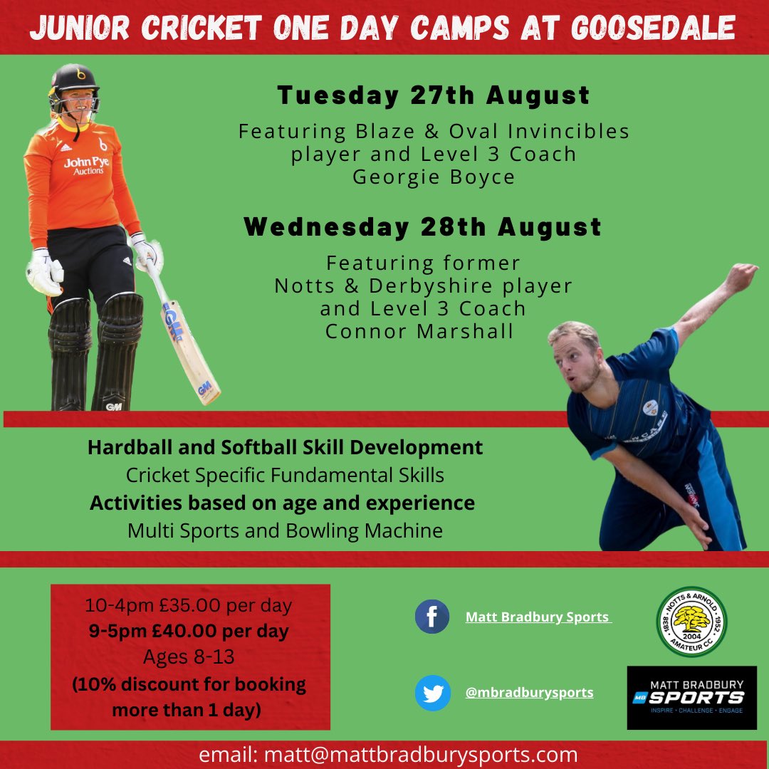 📣 Delivering 2 x 1 day cricket camps at the end of the summer holidays🏏💥

Looking forward to working alongside Georgie &amp; Connor

🗓️ Tues 27th &amp; Wed 28th Aug
📍Goosedale Sports Club

To make a booking click the link below
➡️ bit.ly/4dlEGOI

#InspireChallengeEngage