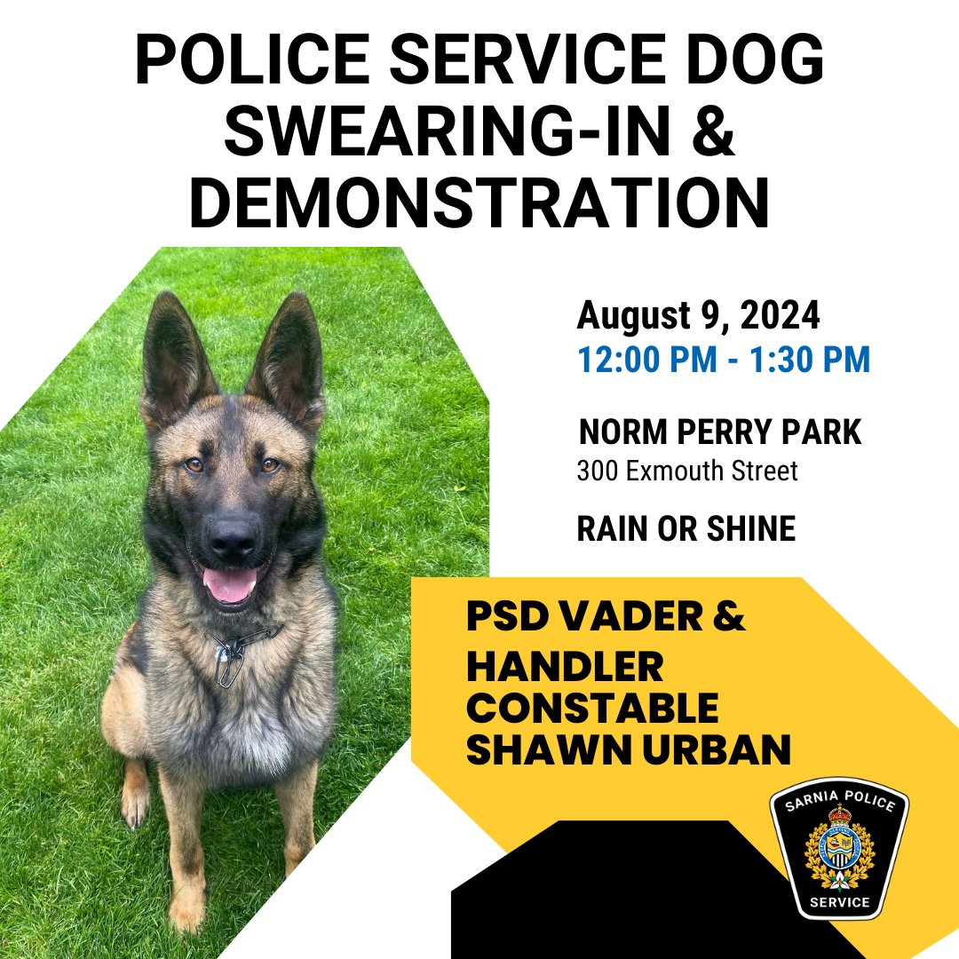 The Sarnia Police Service is extending an invitation to the public for the swearing-in of Vader, the Police Service Dog, on August 9, 2024, at 12:00 PM, at Norm Perry Park at 300 Exmouth Street, Sarnia.

The event will include a demonstration from Vader and his handler, Constable