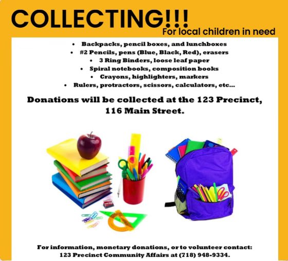 123Council's tweet photo. The @NYPD123Pct Community Council will be accepting donations of new backpacks &amp; new school supplies for their annual Back Pack drive. The backpacks / supplies will be given to families in need that have school aged children. https://t.co/equXXaNZ3Q