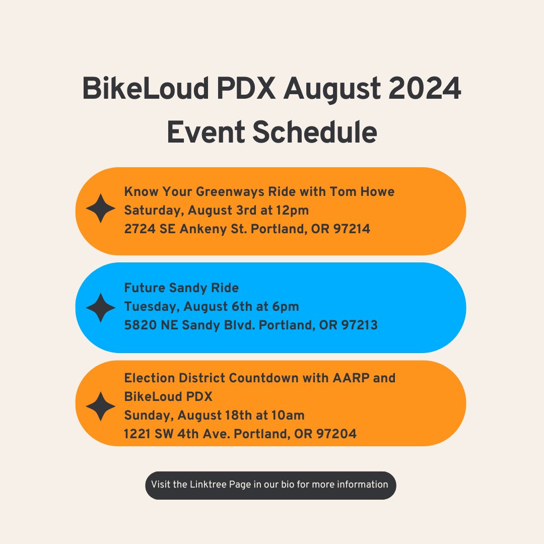 BikeLoud PDX August 2024 Event Schedule! 

For more information: linktr.ee/bikeloudpdx